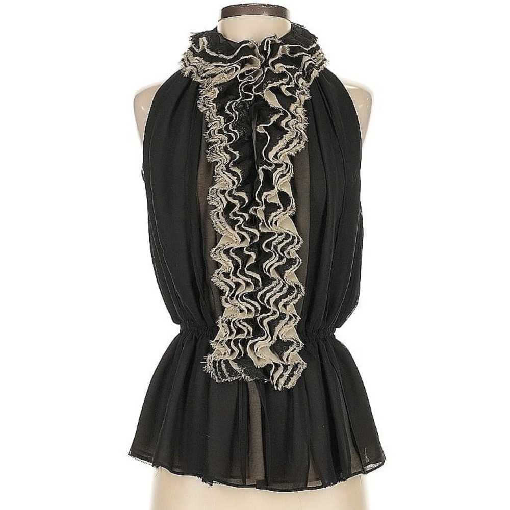Robert Rodriguez Black and Cream Ruffled Halter Silk Blend Top